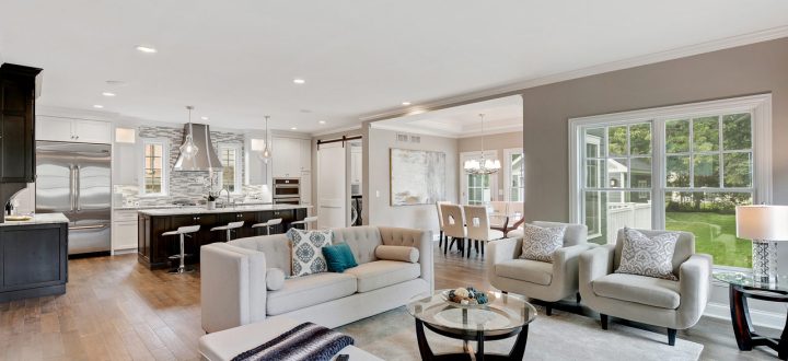 Open concept living and dining area with chic furniture, integrated kitchen, and ample natural light.